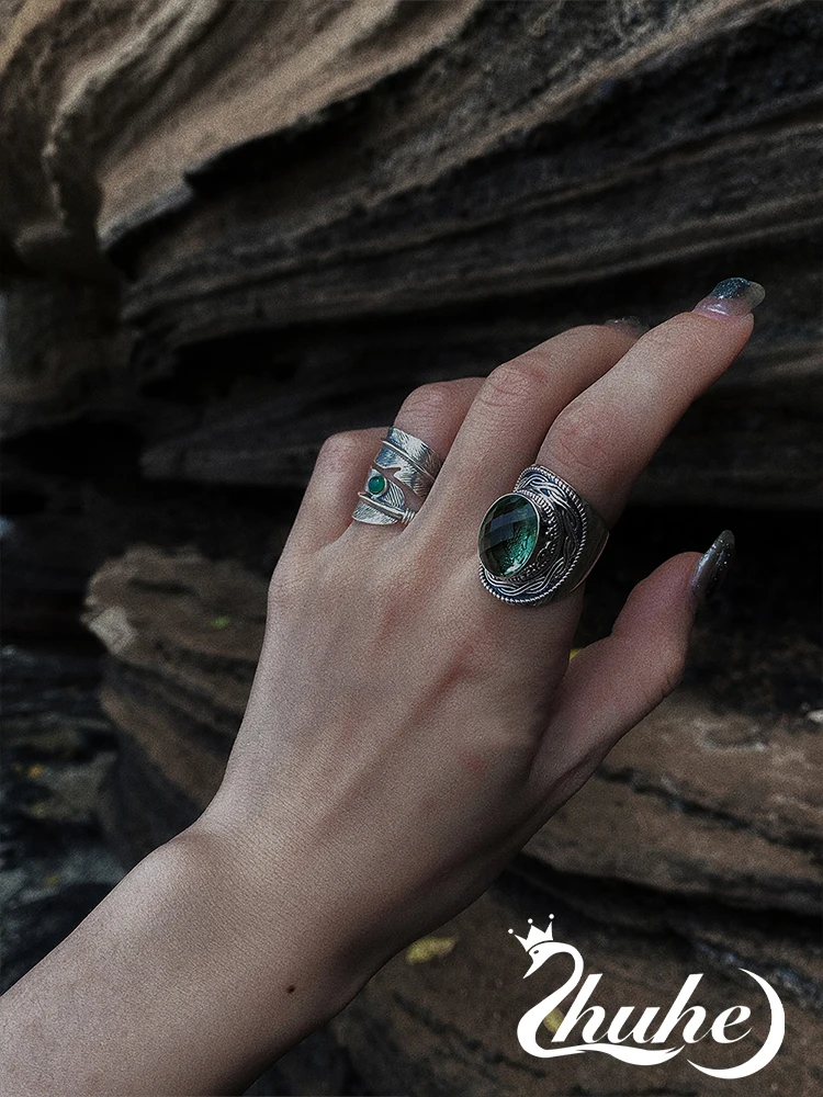 Новинка 2024 кольцо с перьями зеленого агата неоготика для мужчин и женщин