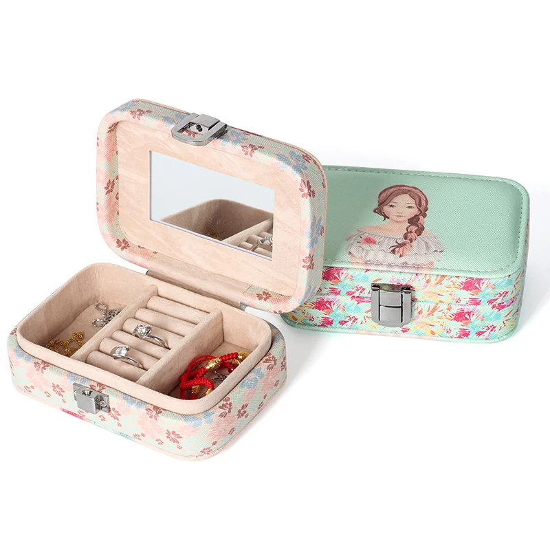 

Cute Girl Pattern Jewelry Storage Makeup Organizer Jewelry Box For Birthday Earrings Ring Necklace PU Leather Gift Package Box