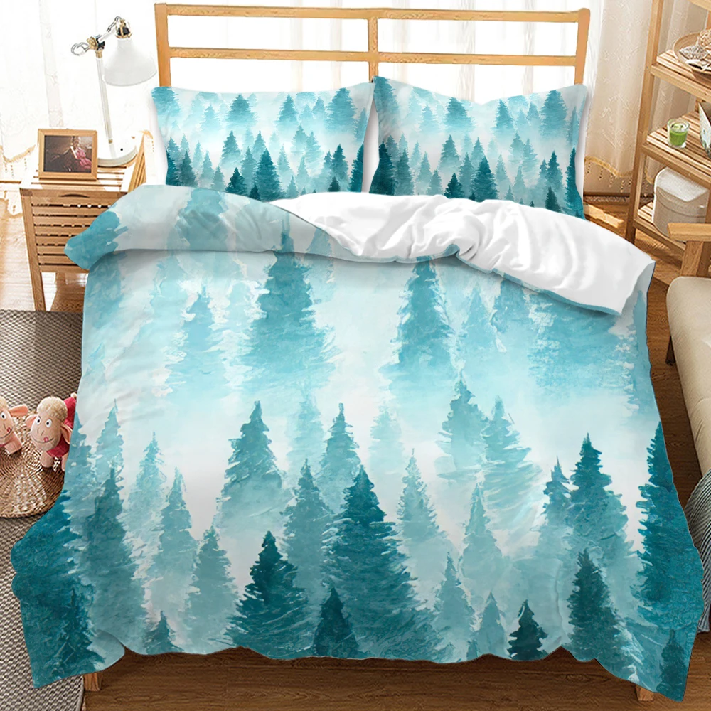 

Comforter Cover for Kid Teen Polyester Bedding Set 3D Mountain Forest Duvet Cover Set Snow Mountain Winter Theme King Queen Size