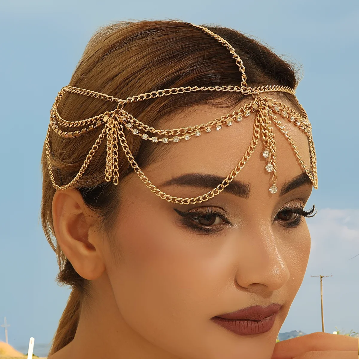 Свадебный головной убор невесты модная позолоченная цепочка со стразами на