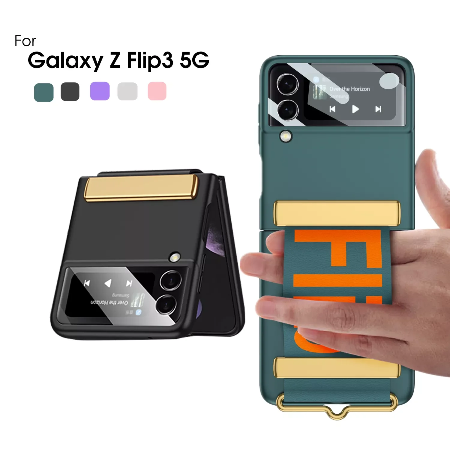 

Flip3 Luxury Case For Samsung Z Flip 3 5G 2022 New Case With Wrist Strap Finger Ring Holder Band Len Camera Full Protect Cover