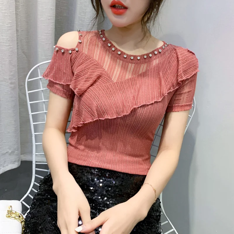 

#7184 Black Red White Mesh T Shirt Women Thin Sexy Slim O Neck Spliced Ruffles T Shirt For Girl Casual Off Shoulder T Shirt