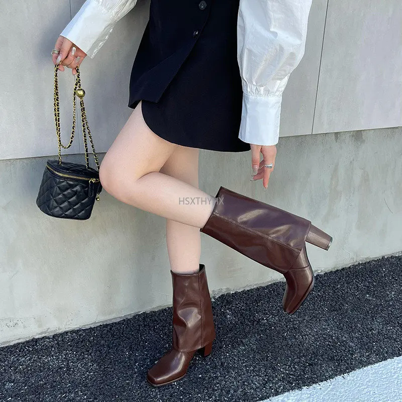 

Winter Boots For Women 2023 Fashion High Quality Cozy PU Leather Square Toe Thick Heels Chelsea Shoes Ankle Booties Black