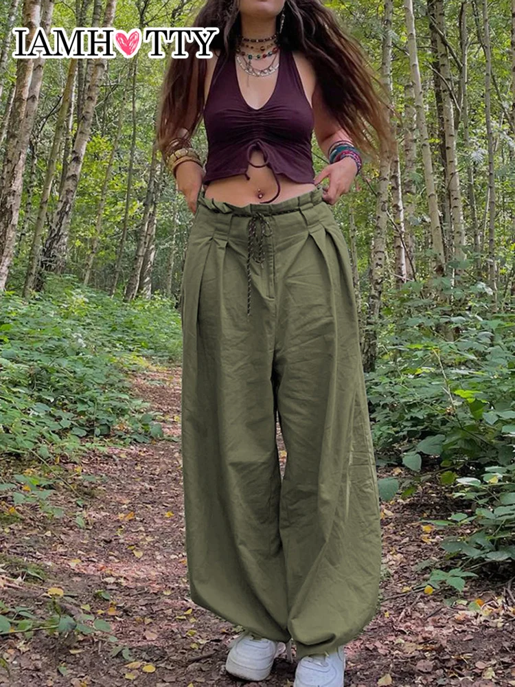 

IAMHOTTY зеленые свободные женские брюки с завышенной талией, шаровары на шнуровке, винтажные брюки-гранж, свободная повседневная одежда