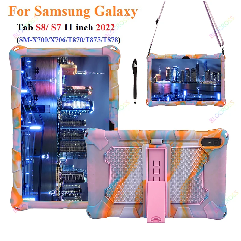 

Kids Silicone Tablet Case for Samsung Galaxy Tab S8 SM-X706C X700 2022 11inch Kickstand Cover for Galaxy Tab S7 SM-T870 with pen