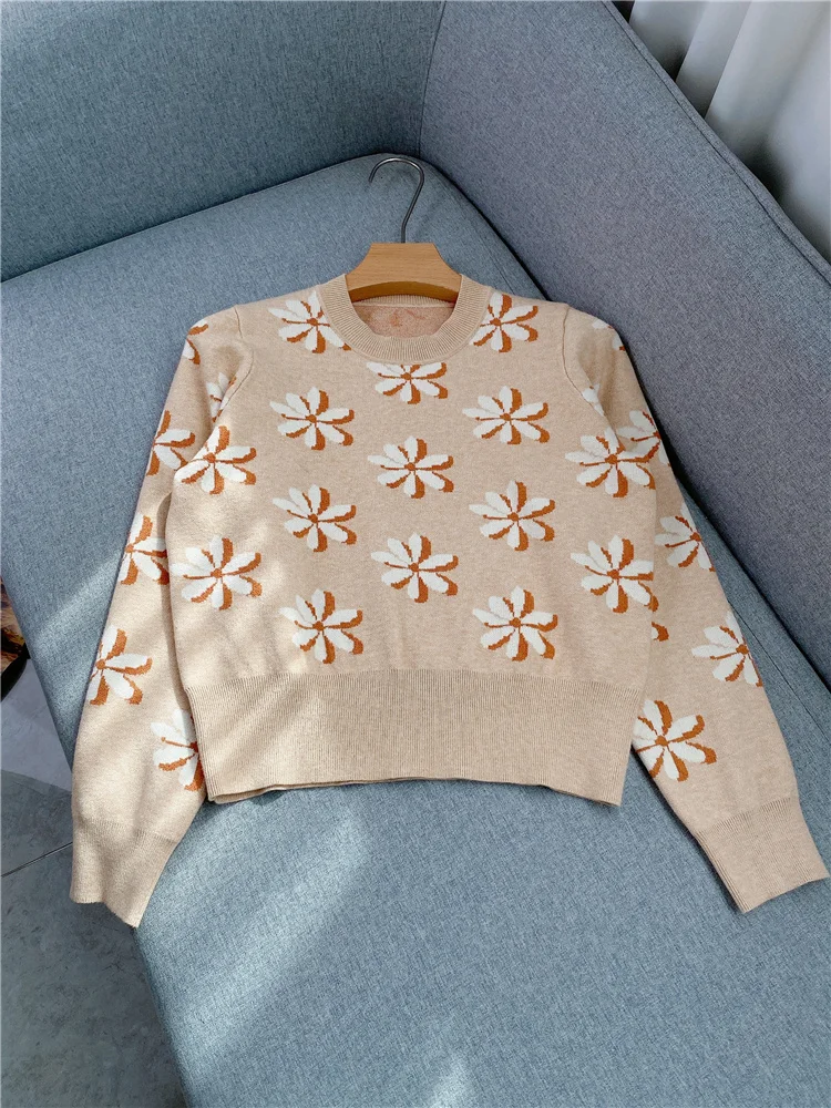 

Round Neck Jacquard Knit Pullover 2023 New Commuter Loose Long Sleeve Contrast Knit Top Sweater High Quality Freight Free