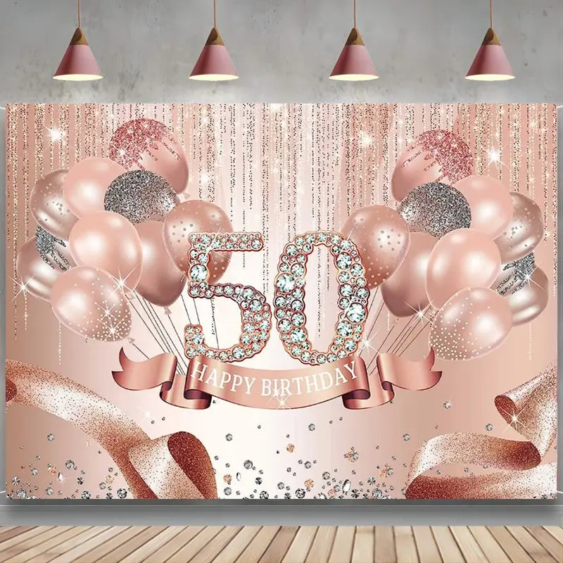 

Happy 50th Birthday Backdrop Rose Gold Diamonds Fabulous Background Glitter Balloons Fifty Years Women Party Banner Decoration