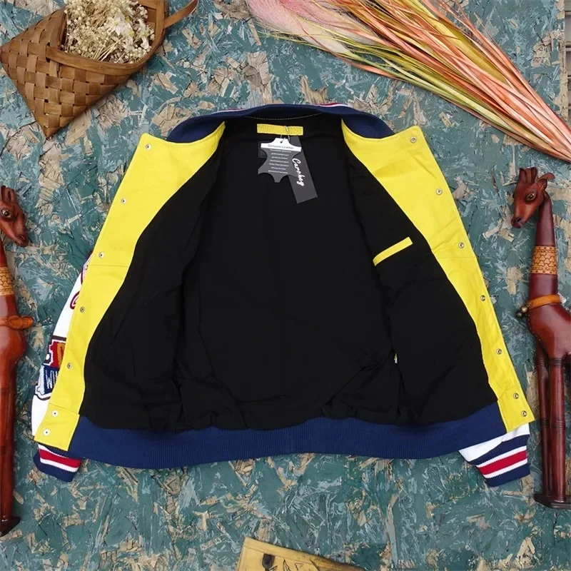 

Heavy Industry Embroidery Cowhide Soft Calfskin +Sheepskin Leather Jacket Men's Slim-Fit Stand-Up Collar Yellow Baseball Uniform