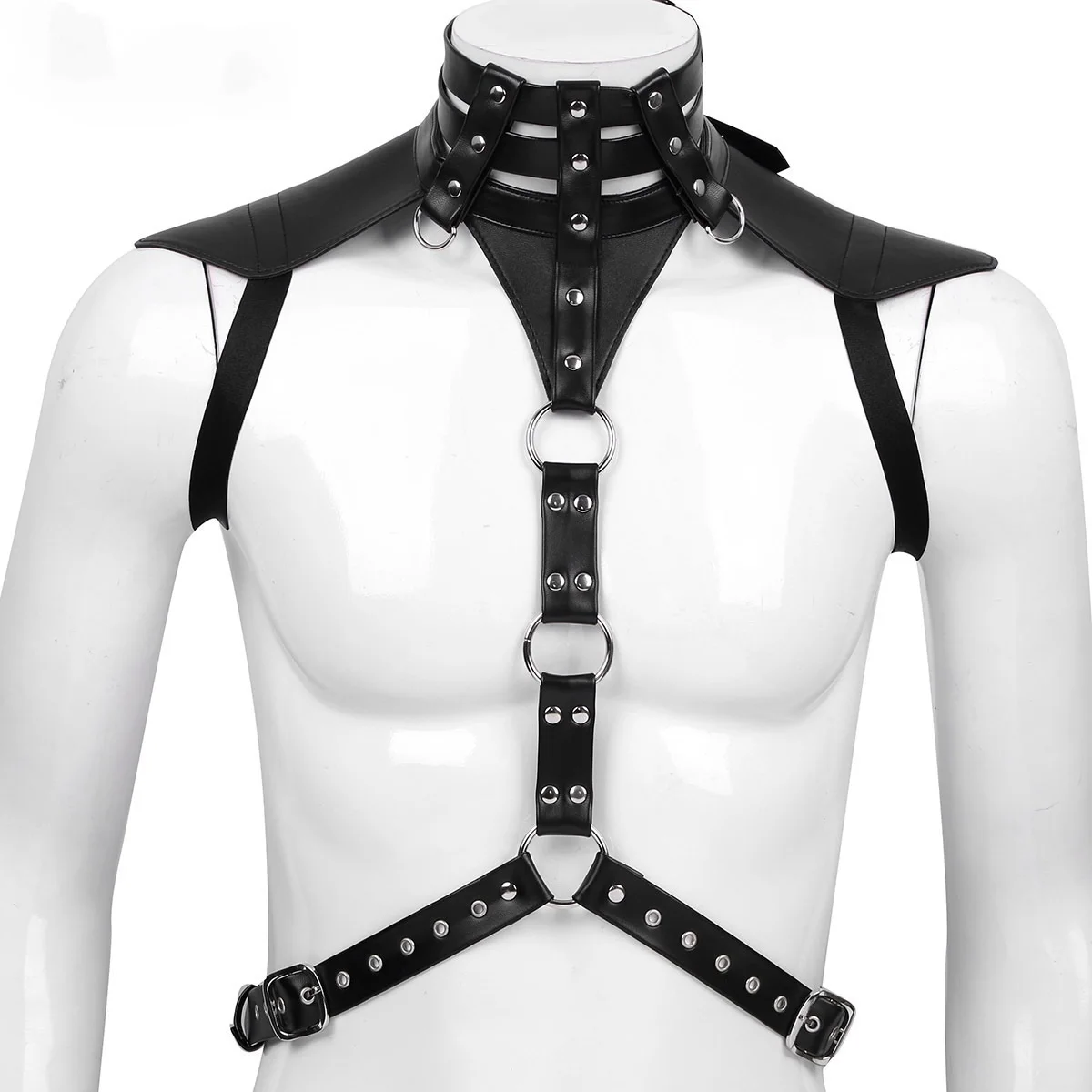 

FOR Lingerie Men Black Faux Leather Harness Belt Metal Rings Male Halter Body Punk Gothic Crop Top Hot Sexy SM Bondage Rave