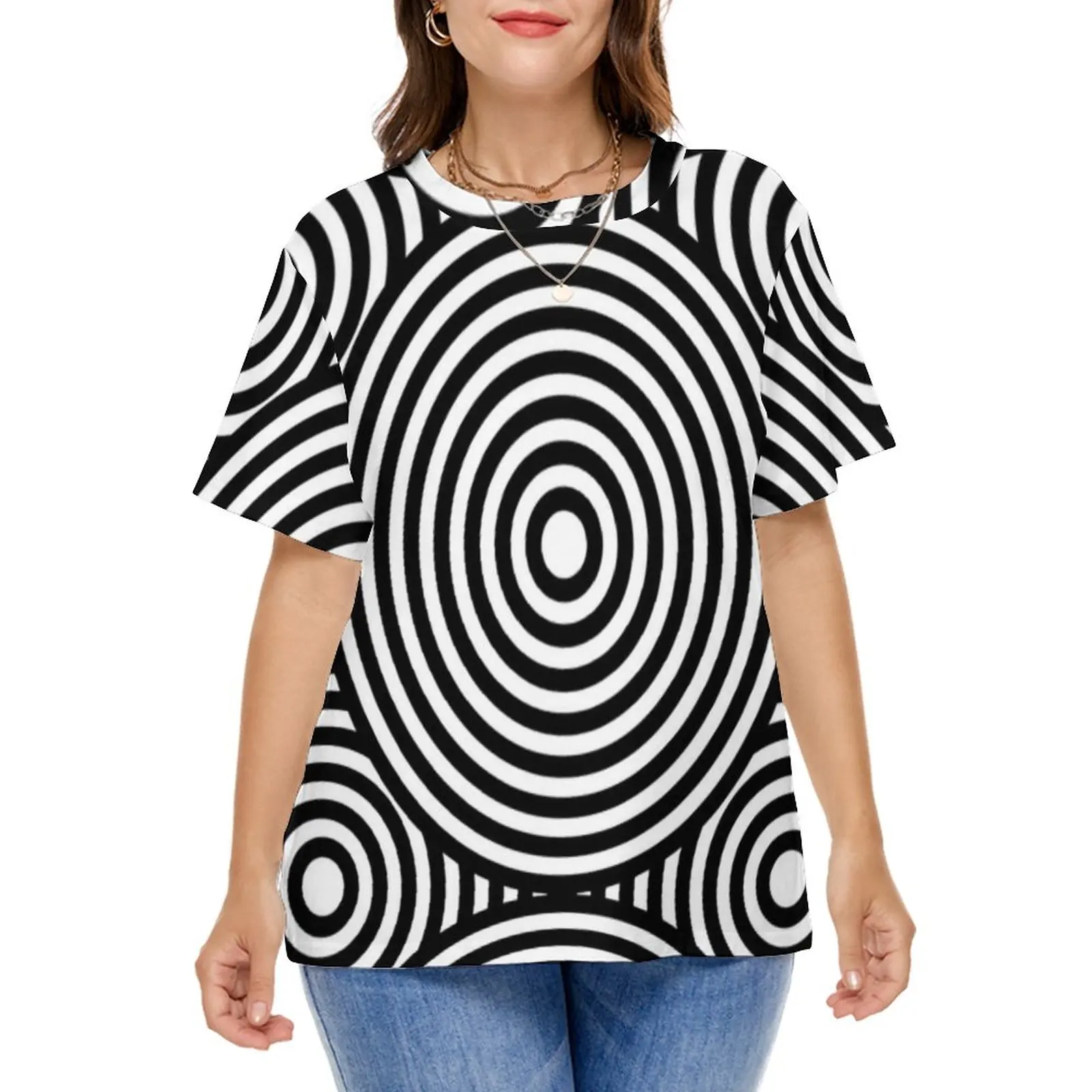 

Abstract Line Print T-Shirts Mod Circles Casual T Shirt Short Sleeve Female Harajuku Tshirt Summer Top Tees Plus Size 4XL 5XL