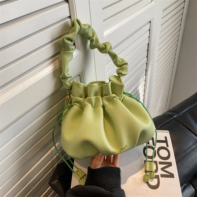 Women's Retro Fashion PU Fold Crossbody Bags for Women Simple Luxury Sac Shoulder Small Bucket Underarm Bolsa Feminina Handbags