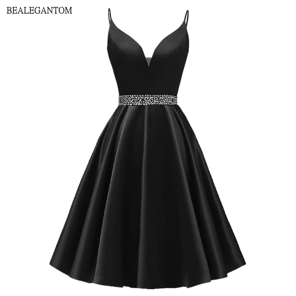 

Bealegantom Spaghetti Strap Homecoming Dresses Short Satin A-Line Beaded Mini Prom Cocktail Graudation Party Gowns