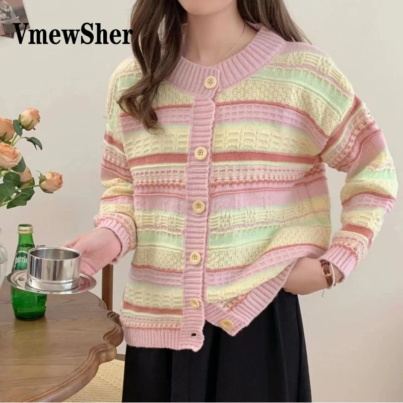 

VmewSher Pink Blue Striped Sweater Coat Women Autumn Winter Long Sleeve Knitwear Fashion Outerwear O Neck Short Cardigan Tops