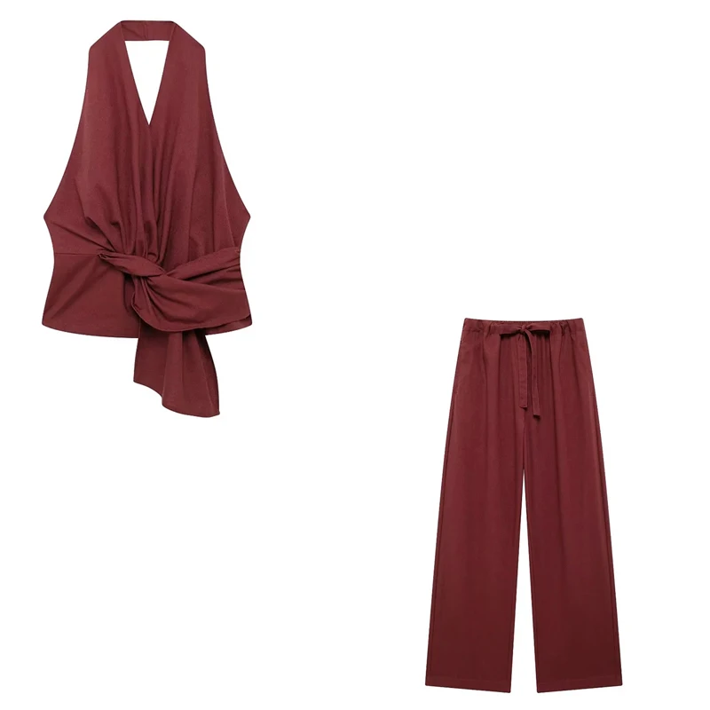 YUEYANG Женский Модный Комплект Из Топа И Брюк С Шейным Ремешком V-образным Вырезом