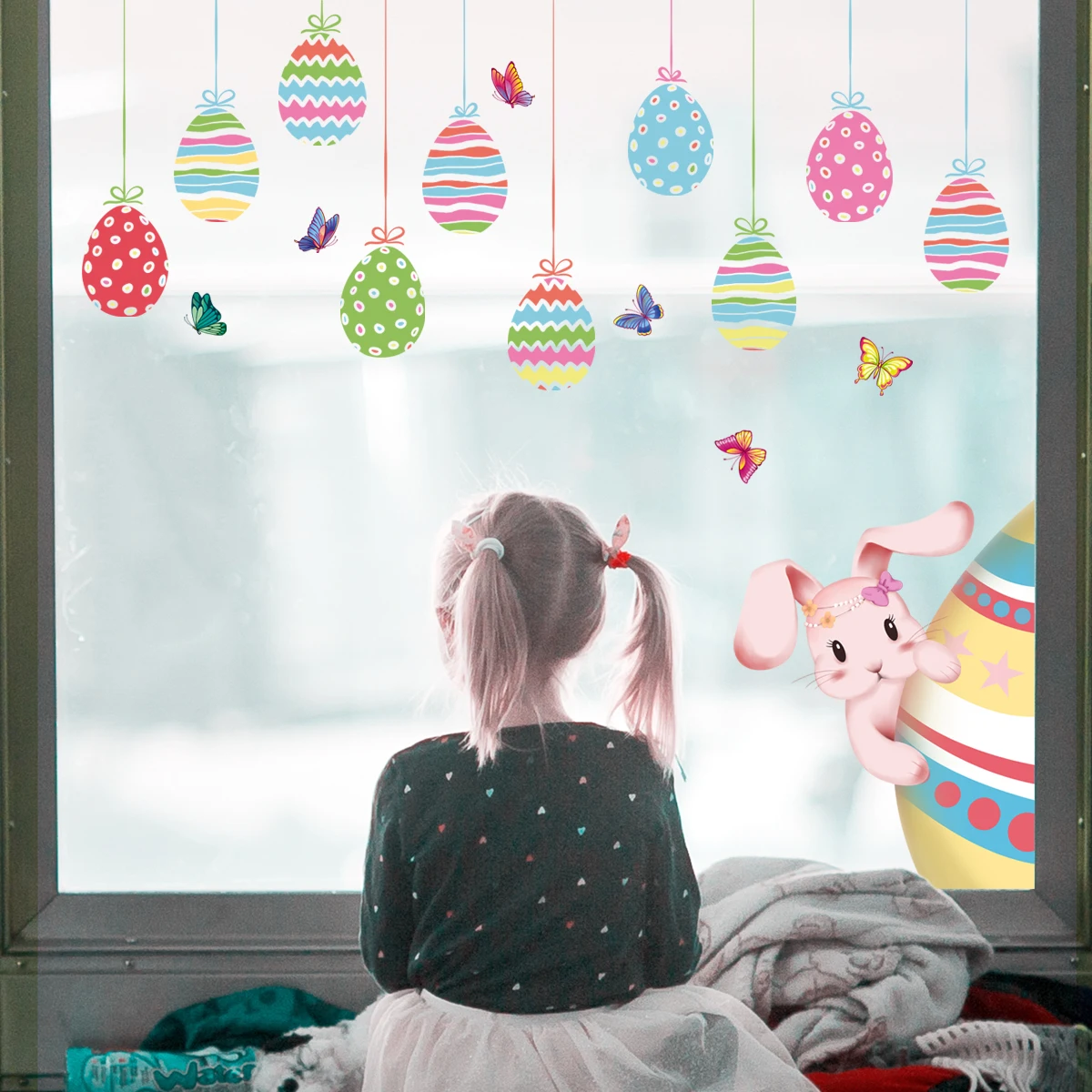 

Easter Egg Bunny Window Glass Electrostatic Double-sided Visual Decorative Wall Paste