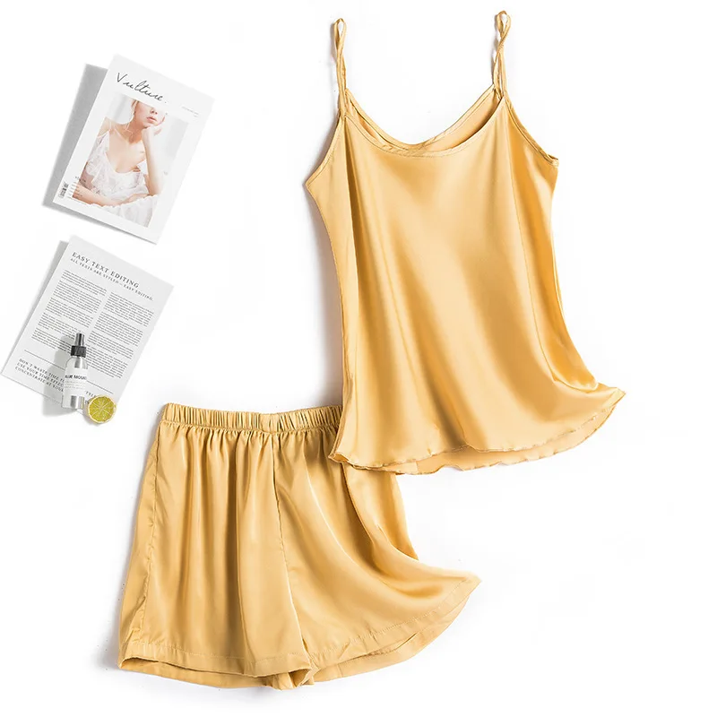 2 Pcs Summer Pajamas Women Silk Slip and Pants Ladies Satin Sleepwear Solid Comfortable Pijama Suit Home Cloth for Female 2022
