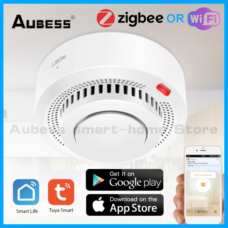 

Aubess WiFi/ZIGBEE Tuya Smoke Detector Sensor Highly Sensitive Smart Home Smoke Alarm Fire Protection Fire Home Security System