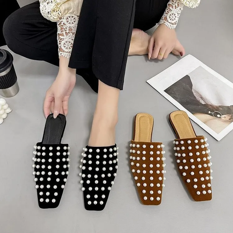 

Mules For Women 2022 Shoes Flock Square Toe Female Slippers String Bead Low Slides Loafers New Summer Flat Cover Basic Rome PU H