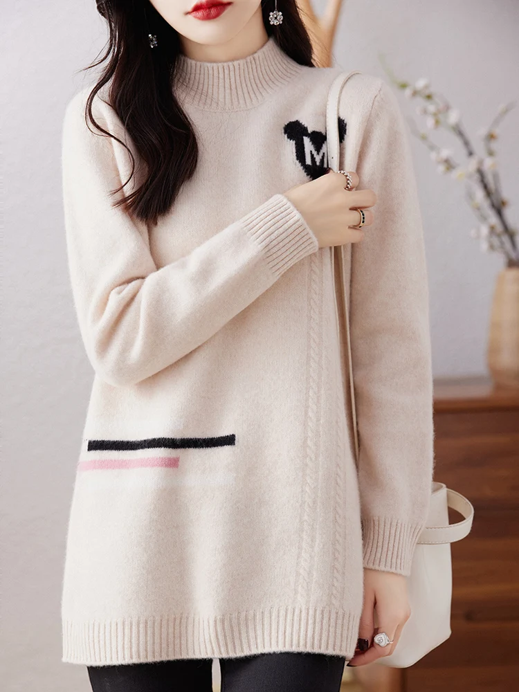 

Medium Length Sweater Women 100% Wool Pullover With Half High Collar Color Matching Autumn Winter Thickened Knitted Bottom Skirt