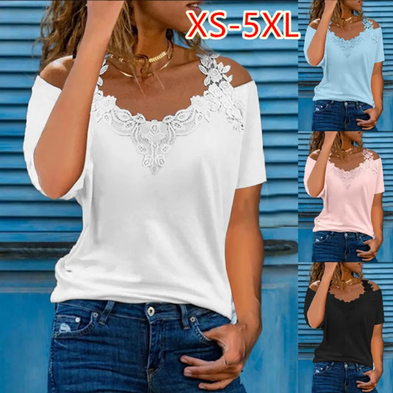 

XS-5XL Summer Short Sleeve Sexy Lace Shirt Women Casual V Neck Loose T Shirt Ladies Hollow Sling Elegant Pullover Tops
