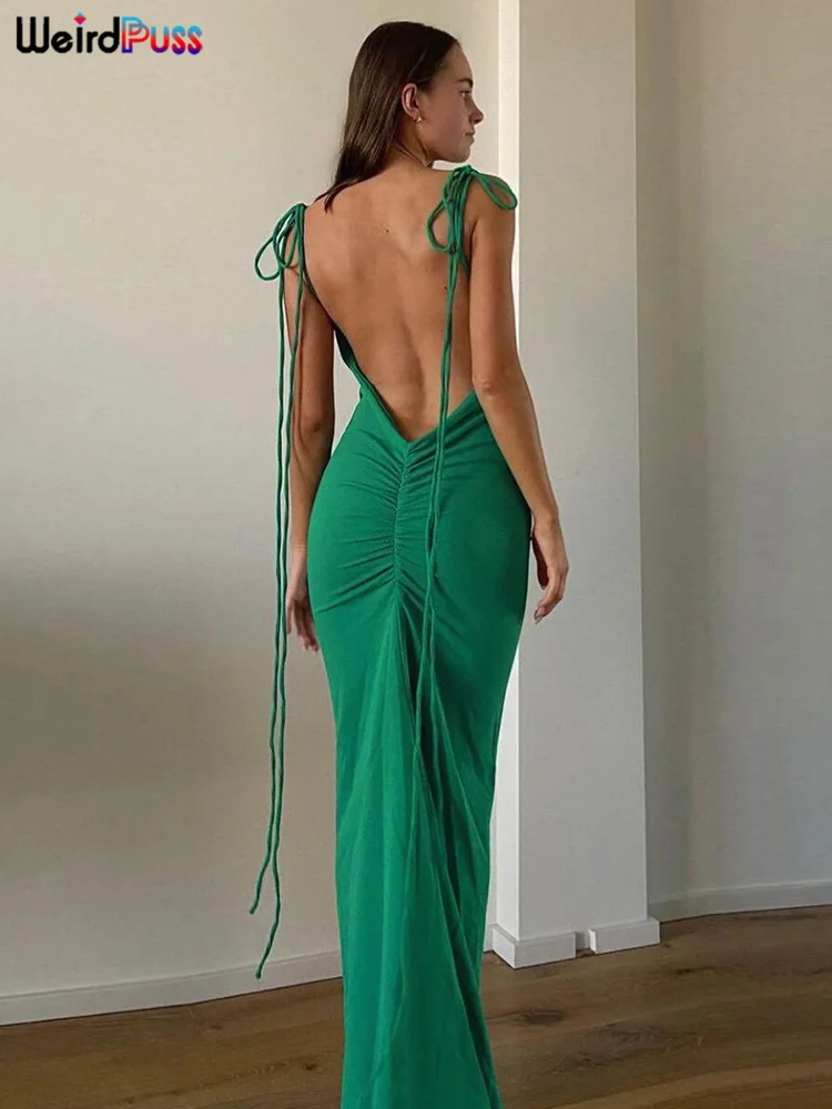 

Weird Puss Backless Evening Dresses For Women Sexy Maxi Lace Up Solid Shirring Bodycon Party Stretchy Skinny Sundress Clothing