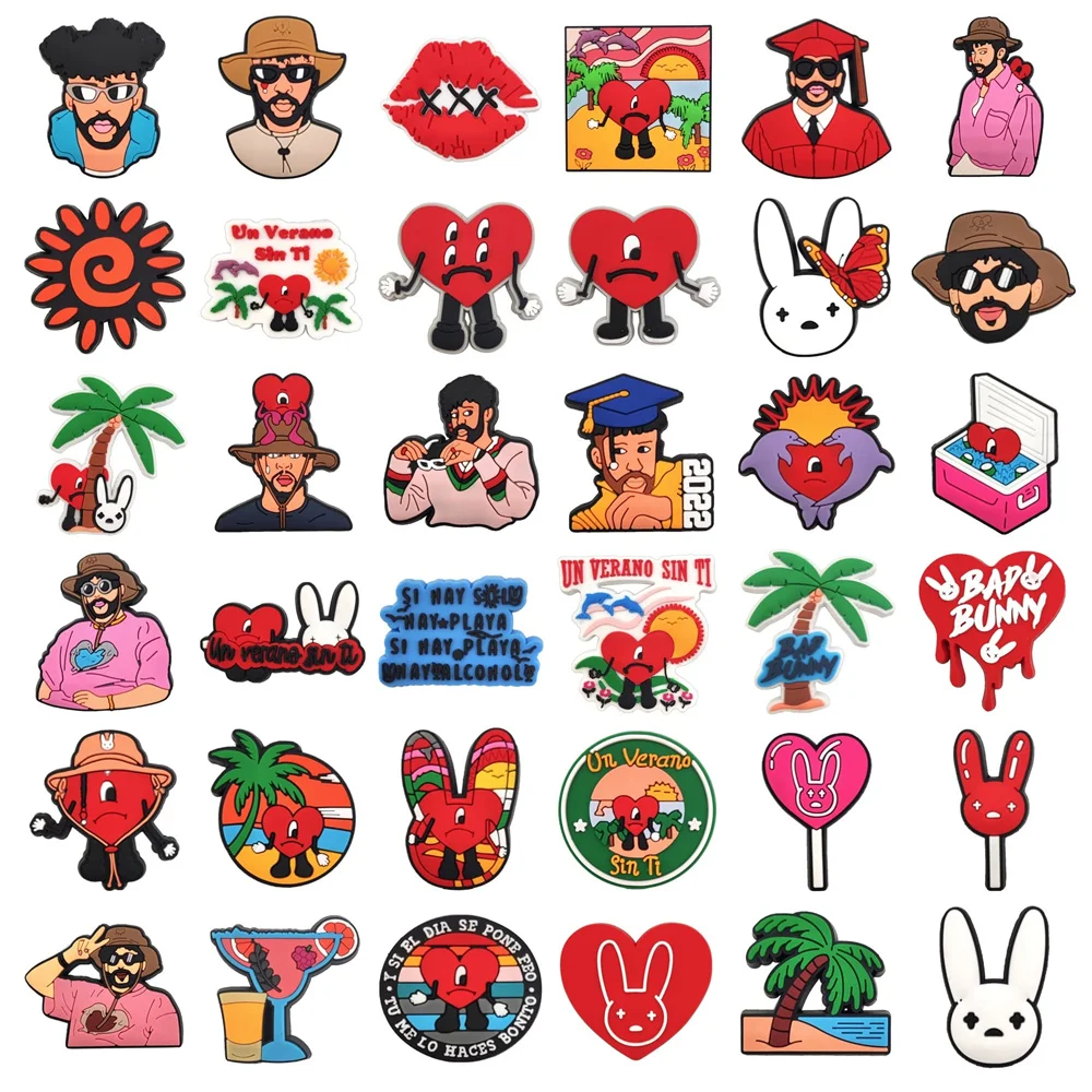 30 Pcs Bad Bunny Shoe Charm Decoration For Boys Girls Adults Kids Bubble Slides Sandals Clogs Latin Shoe Party Birthday Gifts