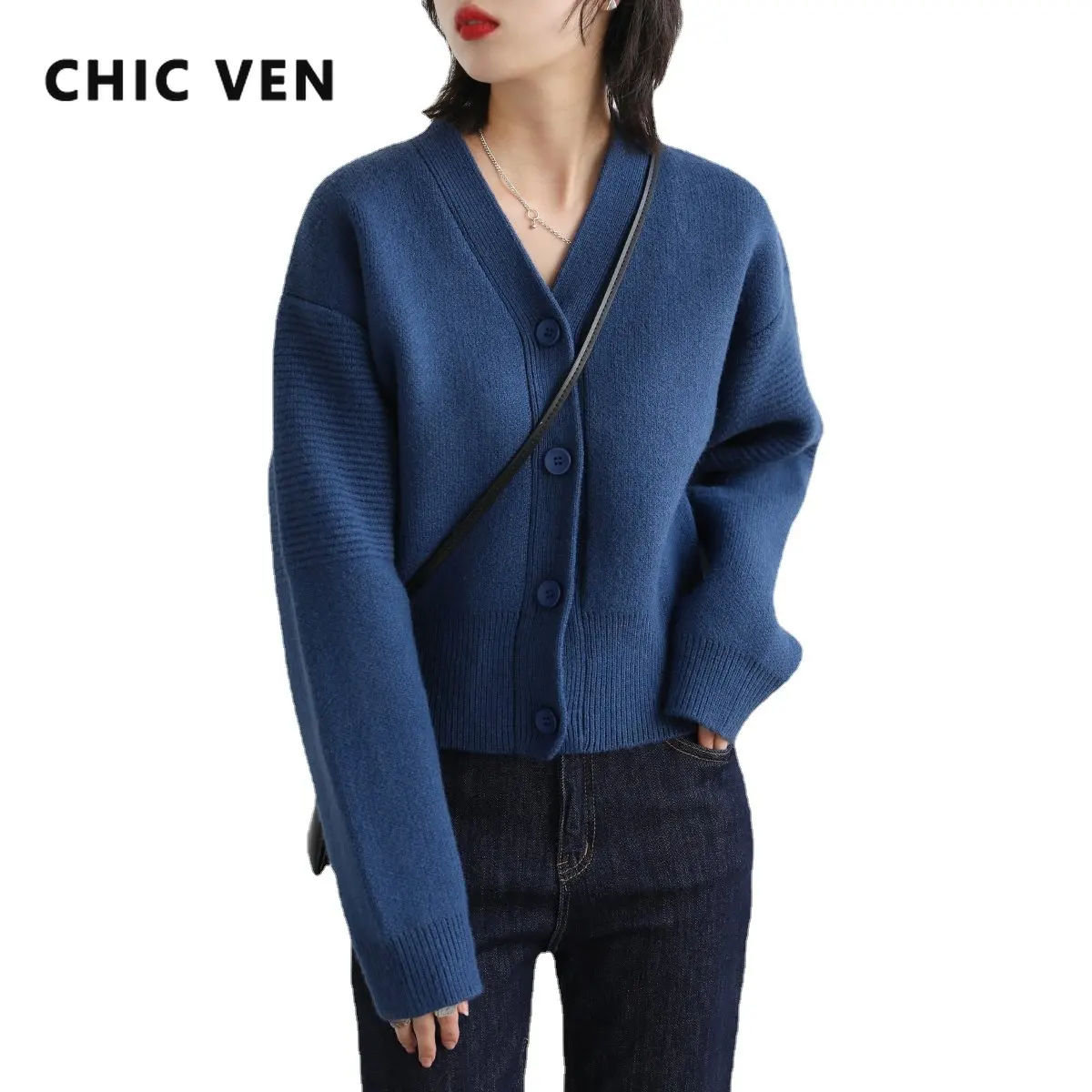 

CHIC VEN Korean Fashion Women's Sweater Wine Red Contracted Short V Collar Long Sleeve Wool Cardigan for Women Top Autumn Winter
