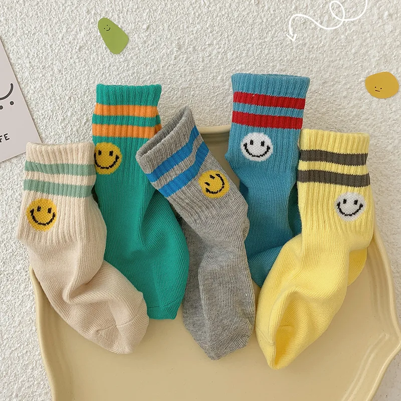 

3-12T 5 Pairs/lot Smile Print Cartoon Girl child sock Combed Cotton Autumn Breathable Kids Sock Girl child Sock Boy