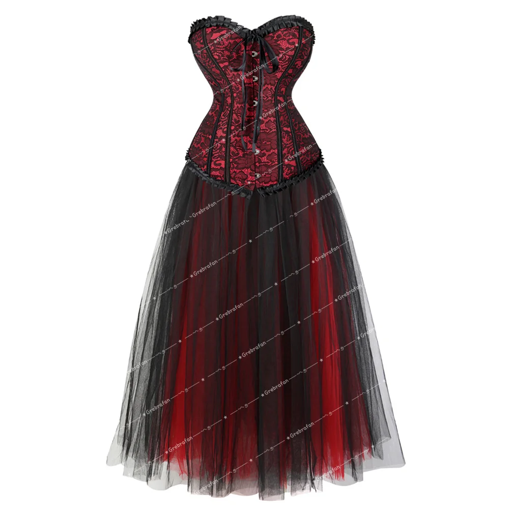 

Корсет-юбка в стиле стимпанк, бюстье на шнуровке, соблазнительное бюстье с косточками эпохи Возрождения и Готическая Тюлевая юбка, костюм для выступления, готическая одежда