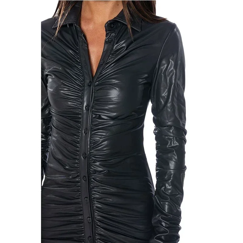 Женское матовое кожаное платье Шикарное облегающее Плиссированное мини-платье с