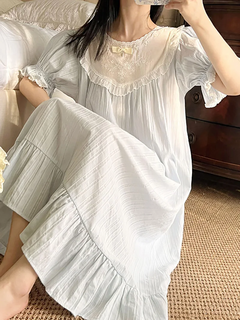 Women Pure Cotton Ruffles Spring Autumn Retro Vintage Princess Nightdress Sweet Home Pajama Lace Fairy Victorian Sleepwear