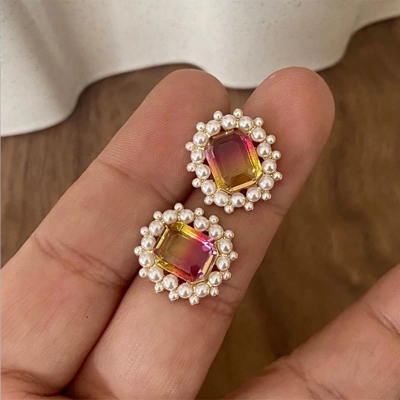 

Ailodo Elegant Imitation Pearl Stud Earrings For Women Big Colorful Cubic Zirconia Earrings Party Wedding Jewelry Girls Gift