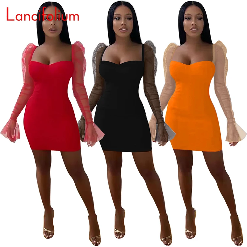 

Summer Fashion Solid Sheer Mesh Patchwork Red Dress Chic Flare Cuff Square Neck Bodycon Pencil Sexy Black Mini Dress Women 2022