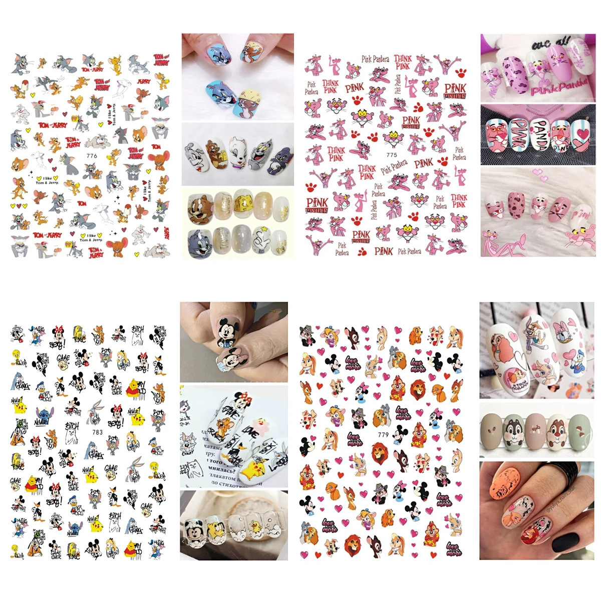 

1PCS Disney Brand Set Anime Nail Stickers Mickey Marie The Lion King Attached Sticky Nail Decoration Slider Nail Art Supplies
