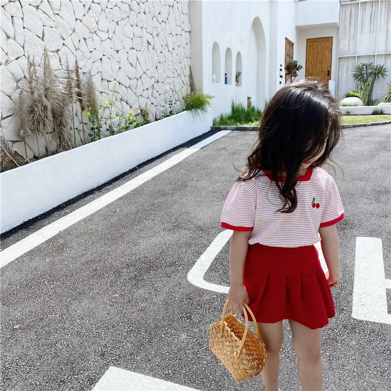 

Summer girls sweet striped embroidered cherry short-sleeved T-shirt + culottes two-piece suit