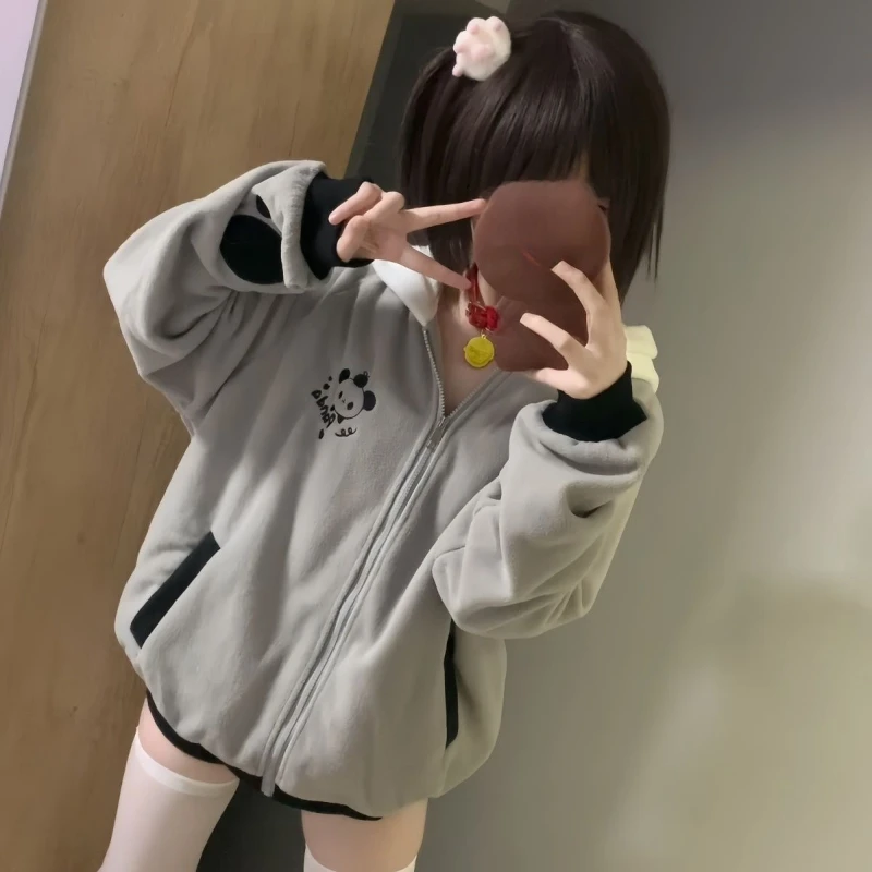 Y2k флисовые куртки с вышивкой мультфильма панды женские толстовки повседневные
