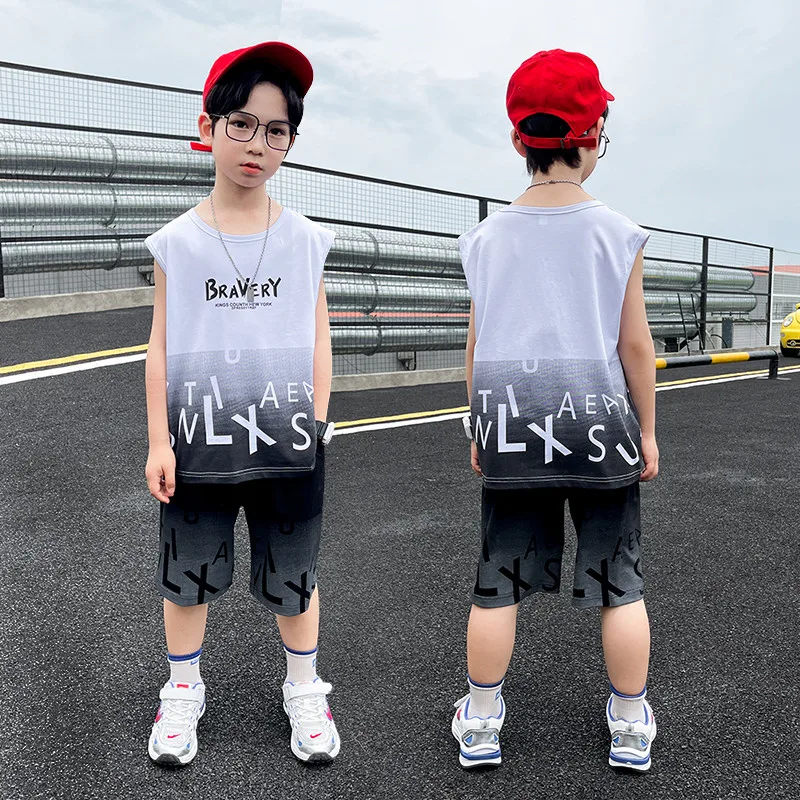 Boys Fashion Clothes Set Trend Kids 2022 New Summer Printing Sleeveless T-shirt And Shorts 2 Pieces Suit Big Children's Outfits