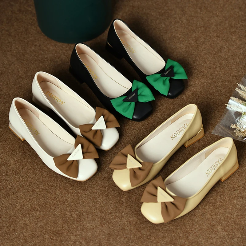

All-Match Bow-Knot Shoes On Heels Soft Female Footwear Casual Sneaker Elegant 2022 Fashion Women's Square Toe Butterfly Dress Lo