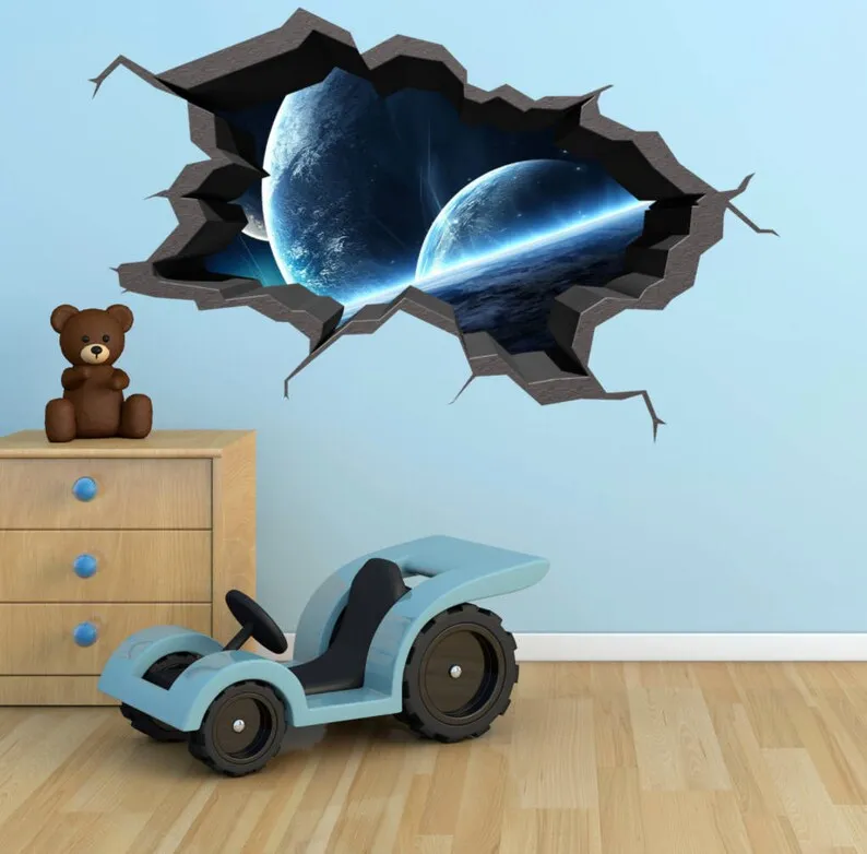 

Wall Decal Earth Moon Space Planet Galaxy Cracked 3d Wall Sticker Stars Mural Decal Graphic Wall Art Boys Bedroom Wall Sticker M