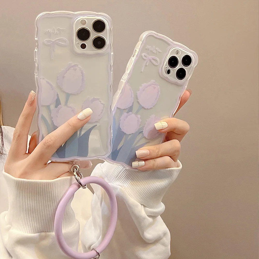 

Retro Purple Tulip Flower Round Silicone Hanging Ring Phone Case For iPhone 11 12 13 Pro Xs Max Xr X 7 8 Puls SE Soft TPU Cover