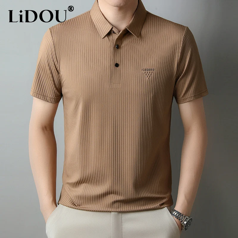 

Рубашка-поло мужская с отложным воротником, повседневная офисная однотонная модная дышащая кофта на пуговицах, с коротким рукавом, лето 2023