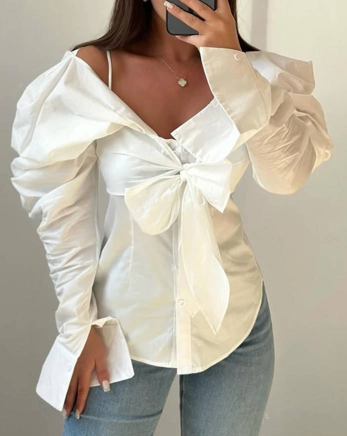Женский топ с рукавами Gigot блузка открытыми плечами и завязкой на талии дизайн