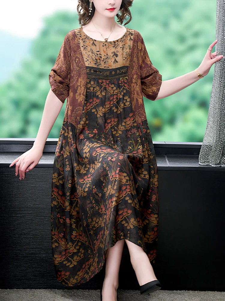 

Women Floral Silk Chic Luxury Party Night Dress Summer Short Sleeve Loose Waist Casual Dresses 2023 International Brand Dresses