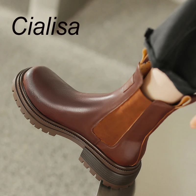 

Женские Эластичные короткие ботинки Cialisa, ботильоны из натуральной кожи на молнии с круглым носком, на высоком каблуке, Осень-зима 2023