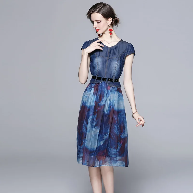 

Женское летнее свободное платье без рукавов, тонкое джинсовое платье с круглым вырезом и чернильным принтом