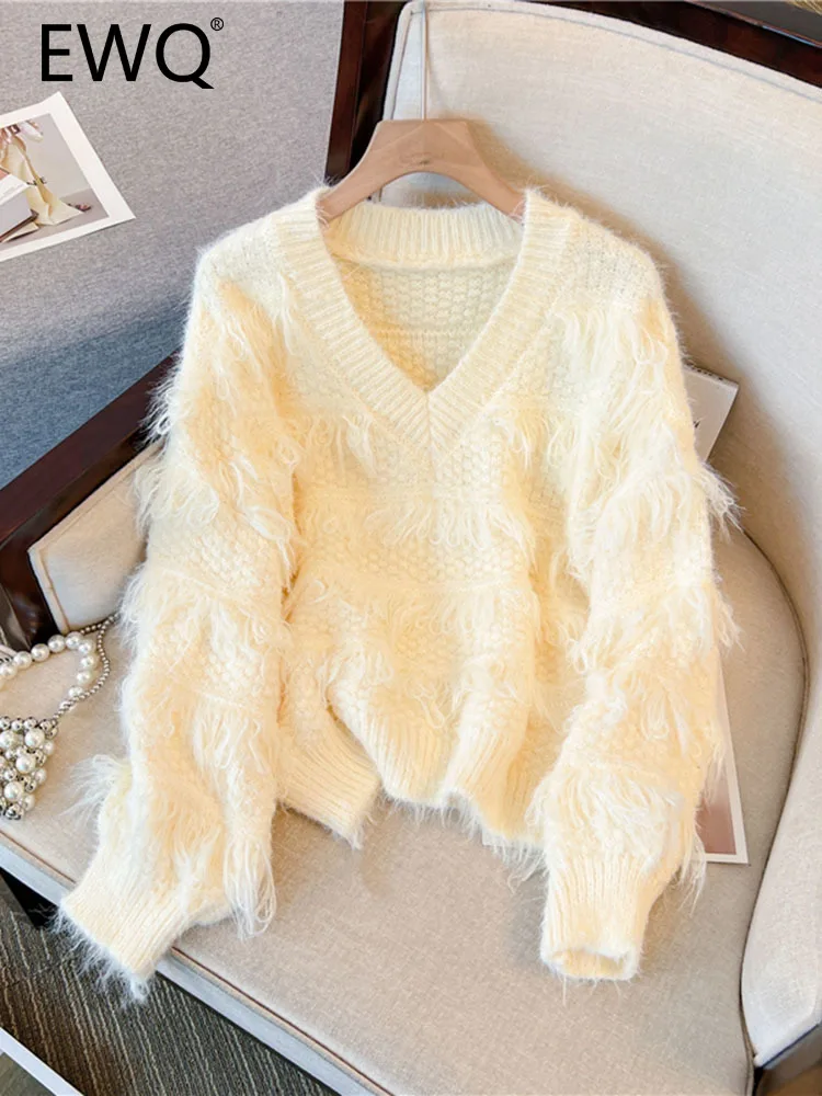 

EWQ Sweet Chic Women's Pullover Sweater Solid Color V-neck Tassel Knitted Loose Female Sweaters Autumn Winter 2023 New 27SN4105
