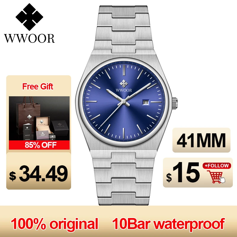 WWOOR-reloj de cuarzo de acero inoxidable para hombre, accesorio Original de pulsera resistente al agua con zafiro azul, 10Bar, 41MM