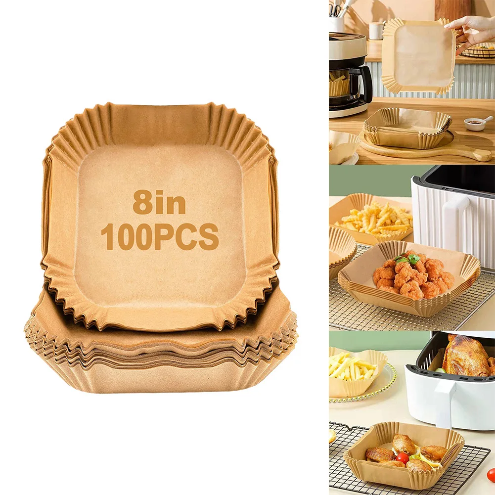 

Air Fryer Paper Liner Parchment Square Mat Waterproof 100PCS 20x20x4.5cm Baking Steamer Paper Kitchen Accessories