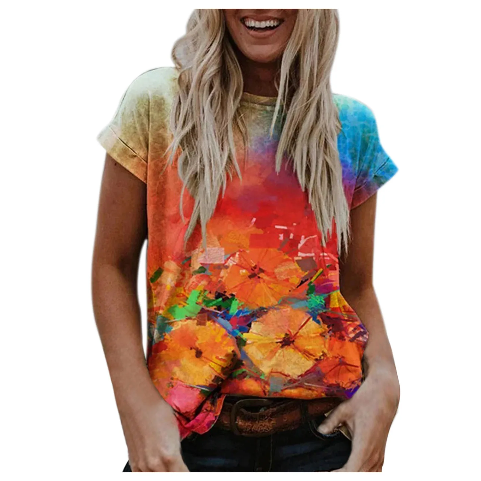

Summer Women T Shirt flower printed Casual O-Neck Short Sleeve Tops Tee Ladies 2XL Loose Streetwear Tops