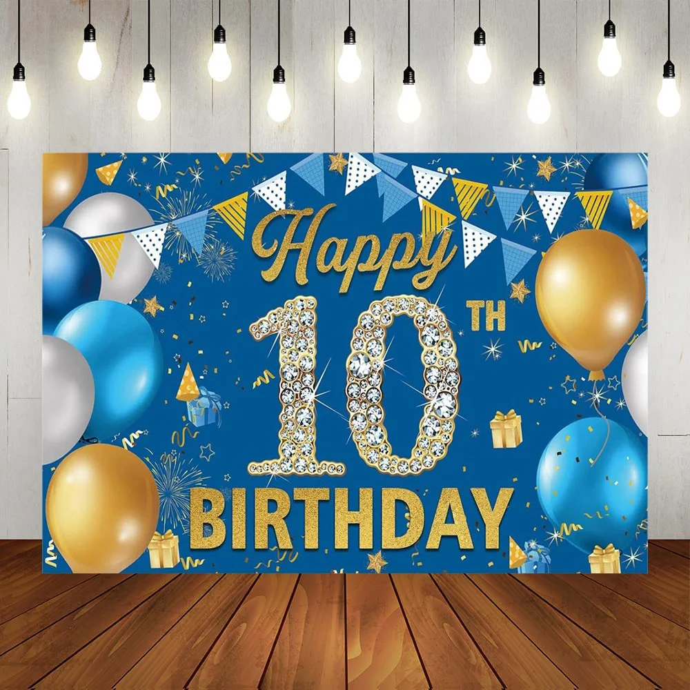 

Happy 10th Birthday Party Backdrop Kids Boys Girls Blue Gold Silver Balloons Photography Background Ten Year Old Anniversary